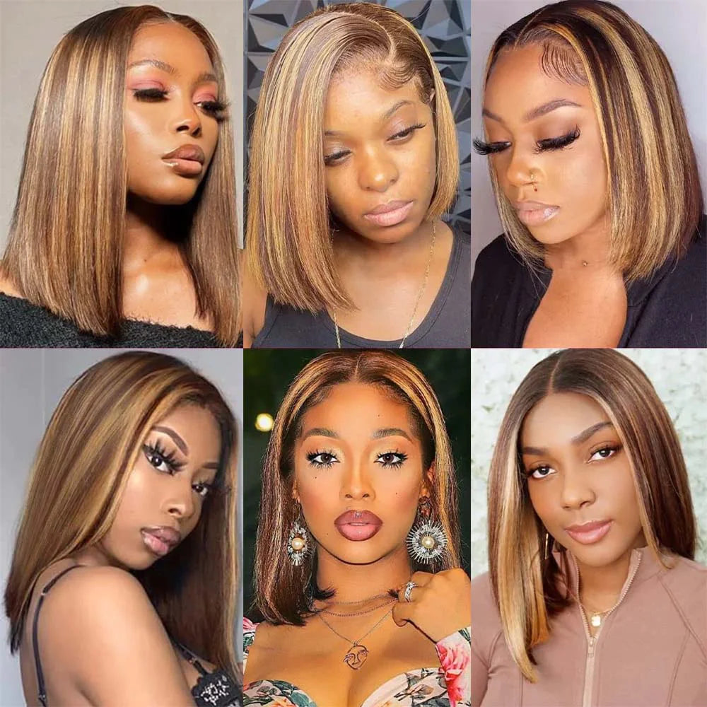 200 Density Highlight Bob Wig 16Inch For Women Honey Blonde Bob Lace Wigs 13x4 Transparent Lace Human Hair Frontal Short Wig
