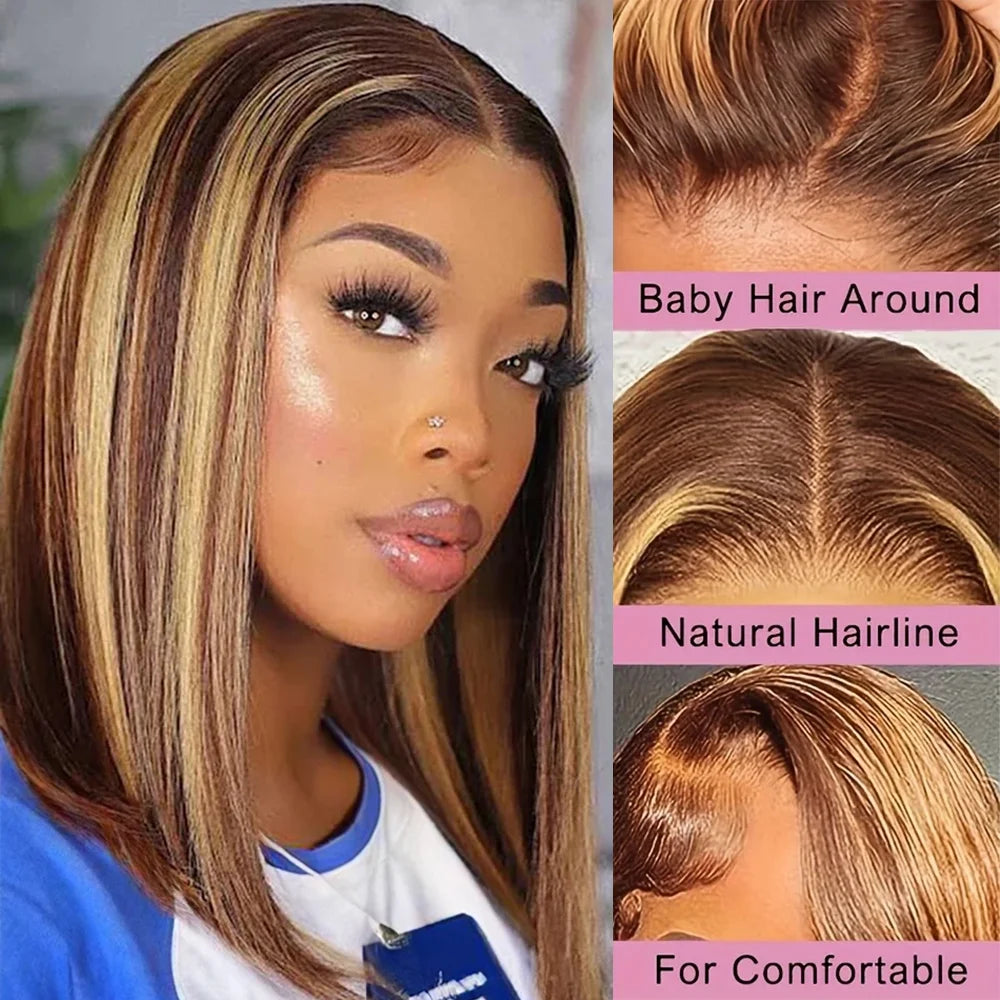 200 Density Highlight Bob Wig 16Inch For Women Honey Blonde Bob Lace Wigs 13x4 Transparent Lace Human Hair Frontal Short Wig
