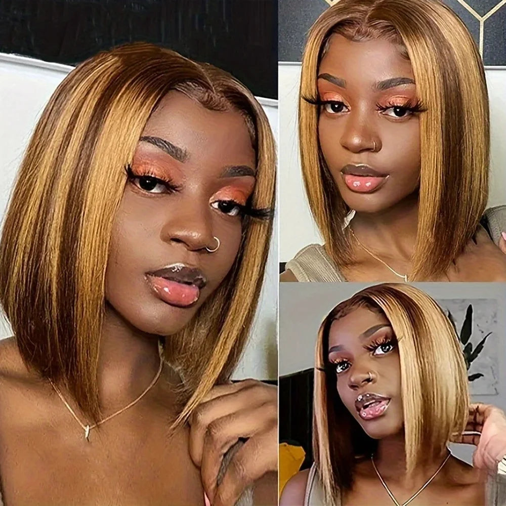 200 Density Highlight Bob Wig 16Inch For Women Honey Blonde Bob Lace Wigs 13x4 Transparent Lace Human Hair Frontal Short Wig