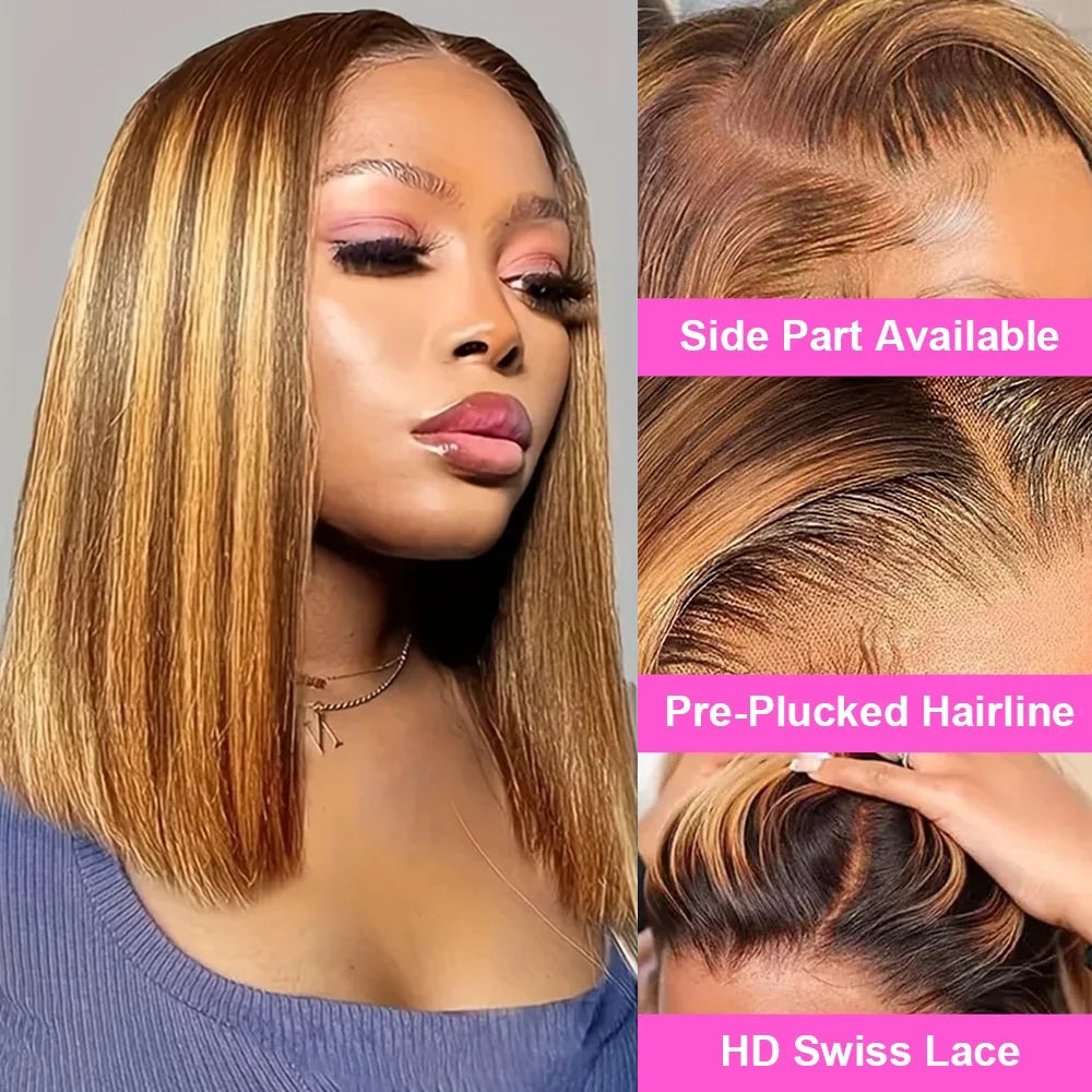 200 Density Highlight Bob Wig 16Inch For Women Honey Blonde Bob Lace Wigs 13x4 Transparent Lace Human Hair Frontal Short Wig