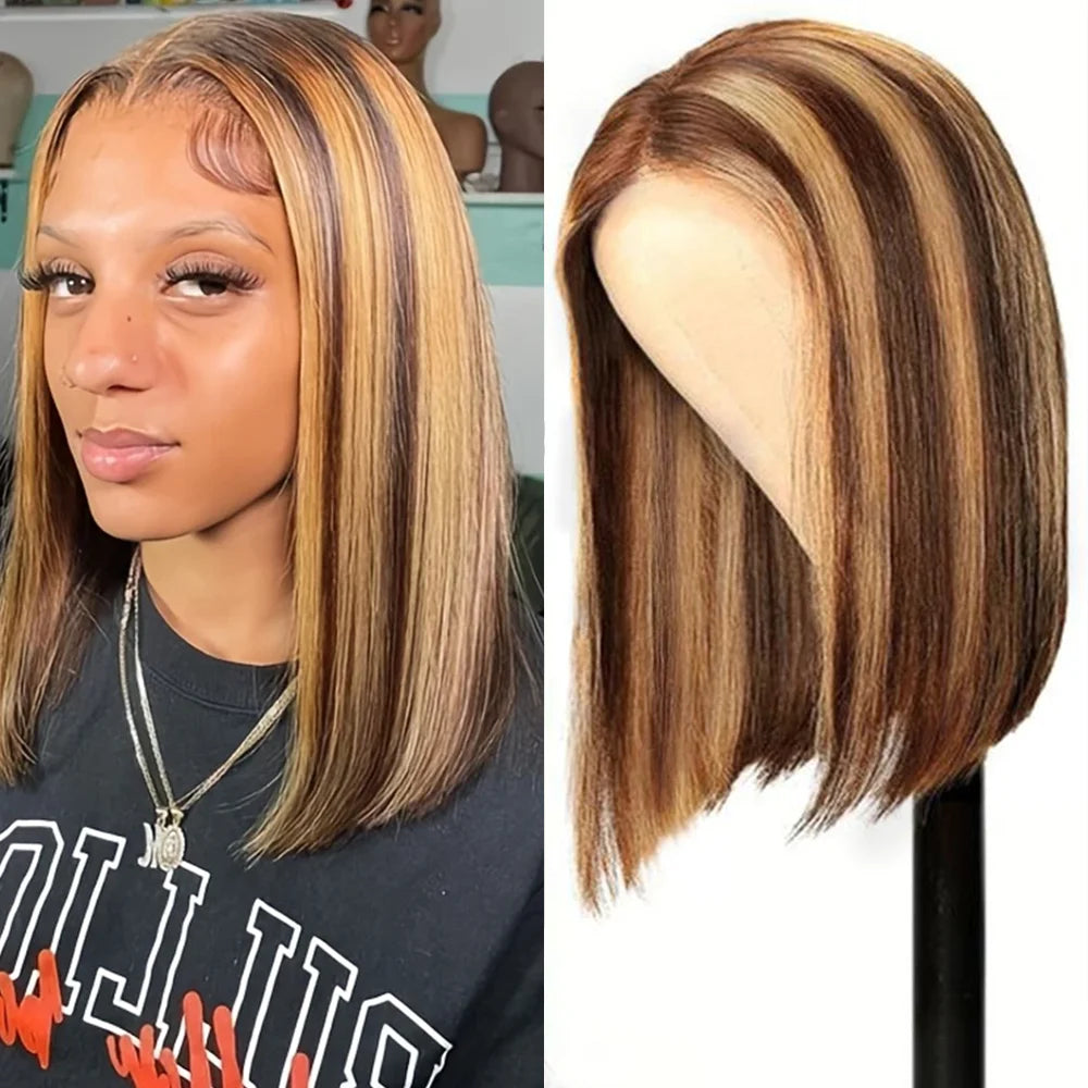 200 Density Highlight Bob Wig 16Inch For Women Honey Blonde Bob Lace Wigs 13x4 Transparent Lace Human Hair Frontal Short Wig