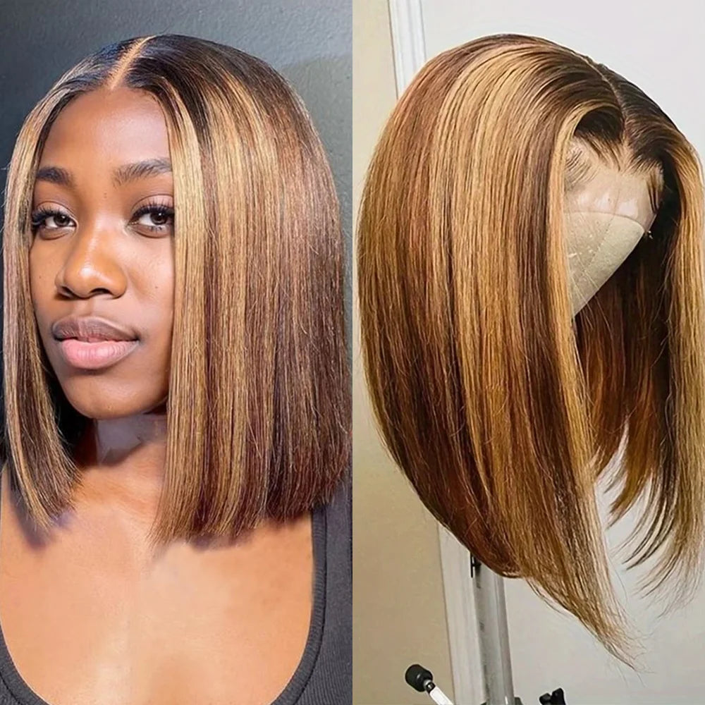 200 Density Highlight Bob Wig 16Inch For Women Honey Blonde Bob Lace Wigs 13x4 Transparent Lace Human Hair Frontal Short Wig