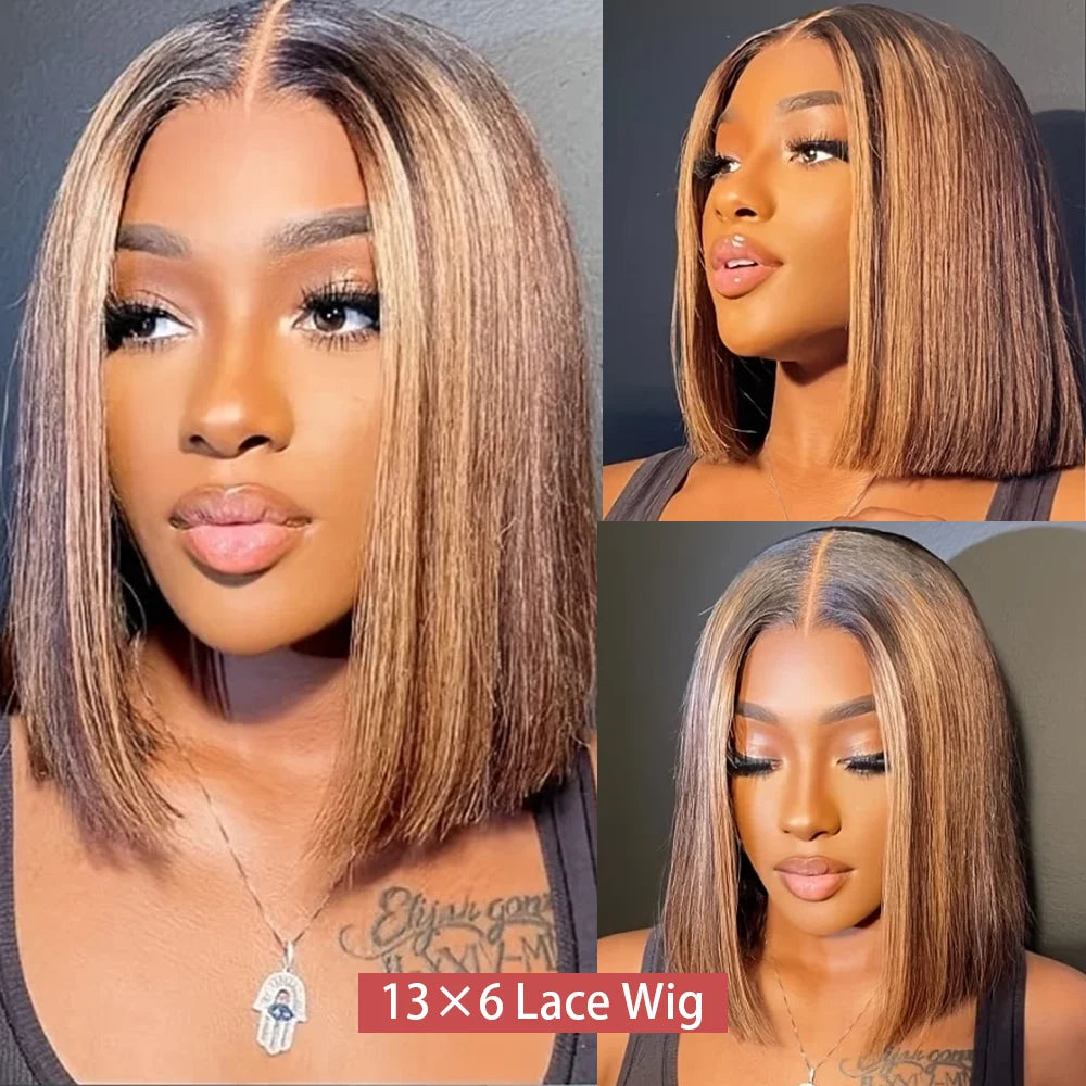 200 Density Highlight Bob Wig 16Inch For Women Honey Blonde Bob Lace Wigs 13x4 Transparent Lace Human Hair Frontal Short Wig